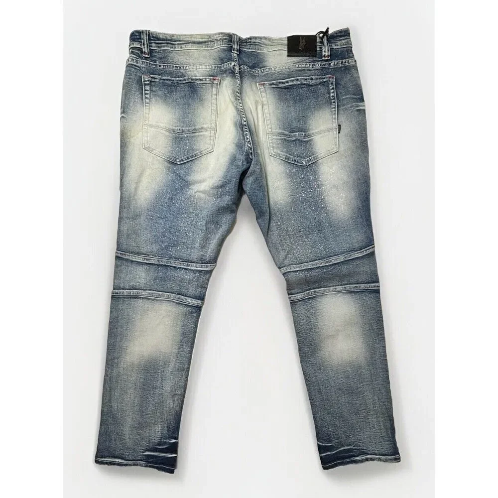 MAKOBI‎ Alki Biker Jeans Mens 44X32 M1757 Vintage Light Wash Moto Distressed NWT